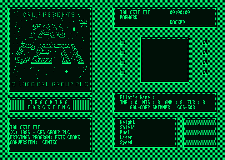 Tau Ceti: The Lost Star Colony (Amstrad PCW) screenshot: Title screen