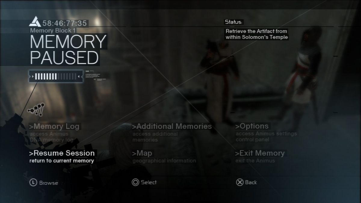 Assassin's Creed (PlayStation 3) screenshot: Pause memory for various additional options.