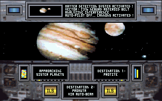 CyberGenic Ranger: Secret of the Seventh Planet (DOS) screenshot: Approaching the 2nd and 3rd planets - Protite and Promuta