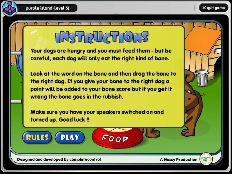 The Nessy Learning Program (Windows) screenshot: Doggy Din Dins: Instructions