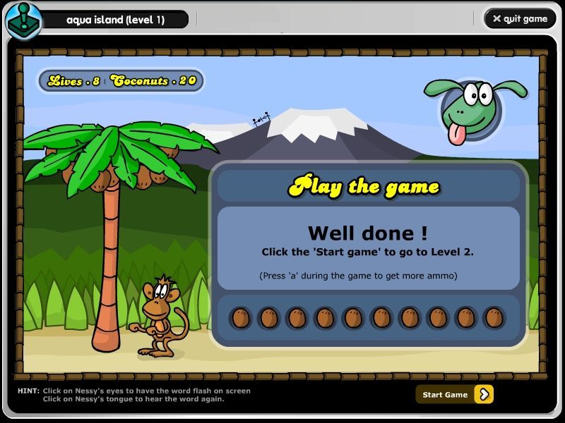 The Nessy Learning Program (Windows) screenshot: Hands Off My Bananas: The end of the first phase of the game.