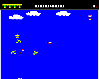 Space Pilot (BBC Micro) screenshot: The biplanes drop bombs. There is a paratrooper in the top right corner for 1,000 bonus points.