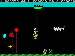 Glug Glug (ZX Spectrum) screenshot: Level 16: Eat lots of vegetables. Did you know they're quite good barbecued?