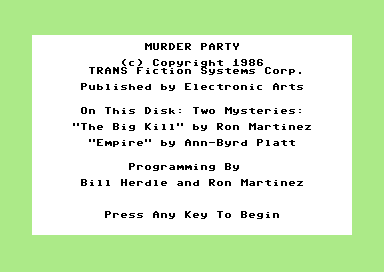 Make Your Own Murder Party (Commodore 64) screenshot: Title and introduction