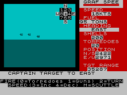 Admiral Graf Spee (ZX Spectrum) screenshot: Moving in range of target - smoke trail just over horizon