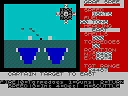 Admiral Graf Spee (ZX Spectrum) screenshot: Still just out of range - shot splashes close to our ship