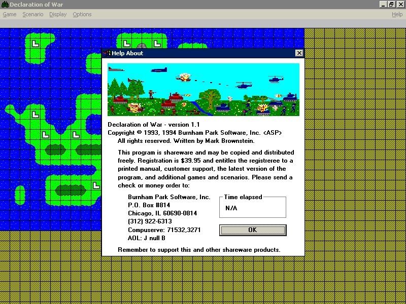 Declaration of War (Windows 3.x) screenshot: The game opens with a reminder that it is shareware