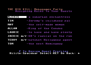 Make Your Own Murder Party (Commodore 64) screenshot: Assign the roles to your guests