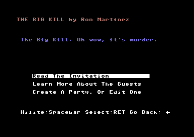 Make Your Own Murder Party (Commodore 64) screenshot: Learn about the story and characters, or just start editing