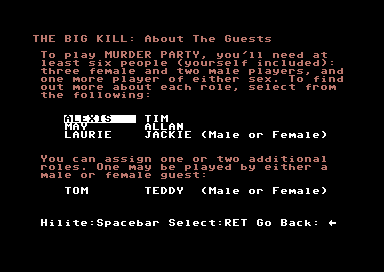 Make Your Own Murder Party (Commodore 64) screenshot: About the guests