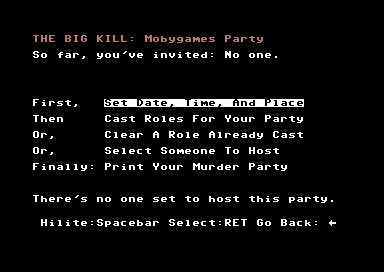 Make Your Own Murder Party (Commodore 64) screenshot: The main party editing menu