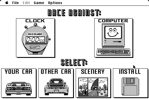 The Duel: Test Drive II (Macintosh) screenshot: Main menu