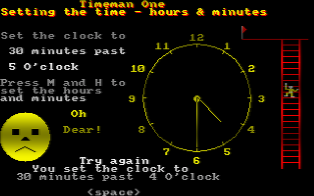 Timeman One (Amstrad CPC) screenshot: An example of the game's response to an incorrect answer in the Telling the Time : Hours and Minutes game
