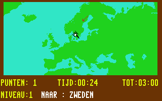 Maps World (Commodore 64) screenshot: When you're close enough to a country that you've to look for, there will be an arrow to pinpoint it.