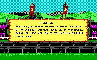 Defender of the Crown (PC Booter) screenshot: A long day. You lost the jousting tournament. (EGA/Tandy)
