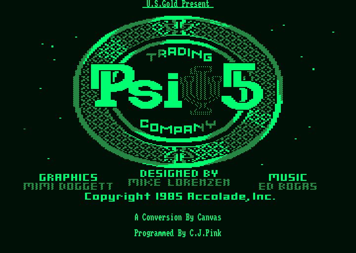 Psi 5 Trading Co. (Amstrad PCW) screenshot: Title screen with credits