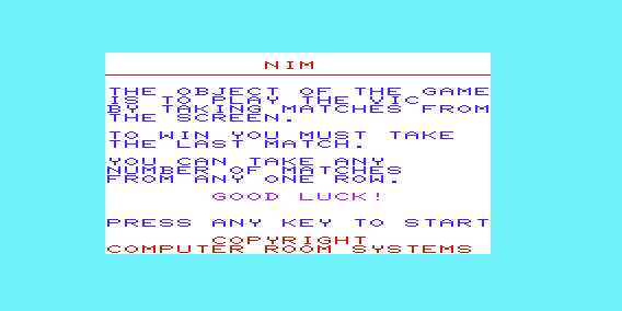 Nim (VIC-20) screenshot: Some instructions