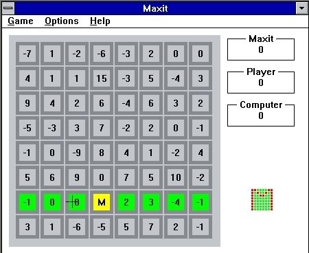 Maxit (Windows 3.x) screenshot: The start of a game. <br>The game selects the first cell and marks it with an 'M', the player can now select any cell in the highlighted row