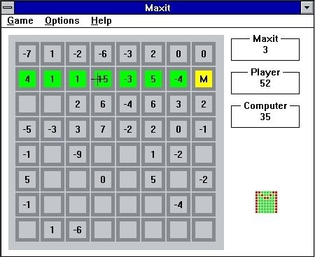 Maxit (Windows 3.x) screenshot: Part way through a game and I've forced the computer to give me the row with a 15 in it. Whoopee!