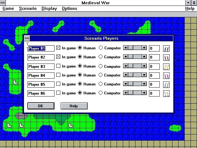 Medieval War (Windows 3.x) screenshot: The game caters for up to six players and any combination of human / computer player being viable