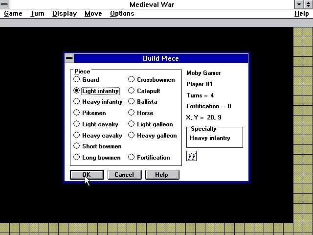 Medieval War (Windows 3.x) screenshot: The players must decide what kind of unit to create when their turn comes round