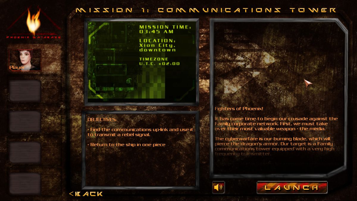 Neurotron (Windows) screenshot: Main menu and the mission selection screen. Briefing for the first mission.