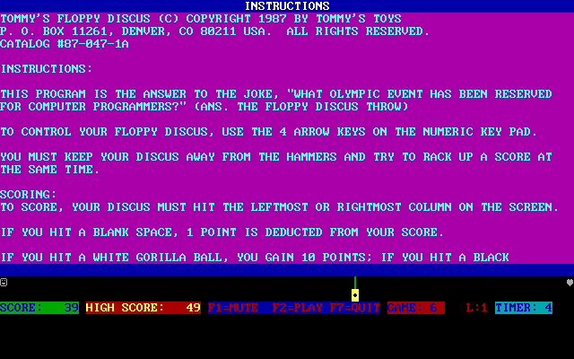 Tommy's Floppy Discus (DOS) screenshot: In-game help text is available