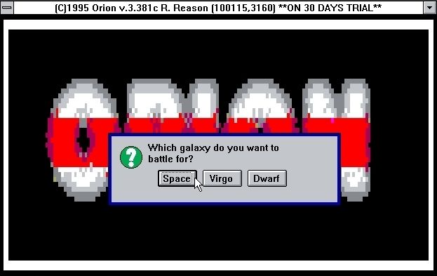 Orion (Windows 3.x) screenshot: The game puts up a window asking for the number of players which is followed by a similar window asking for the galaxy / game area