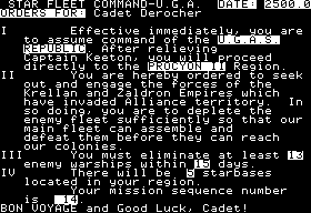 Star Fleet I: The War Begins! (Apple II) screenshot: Mission orders.