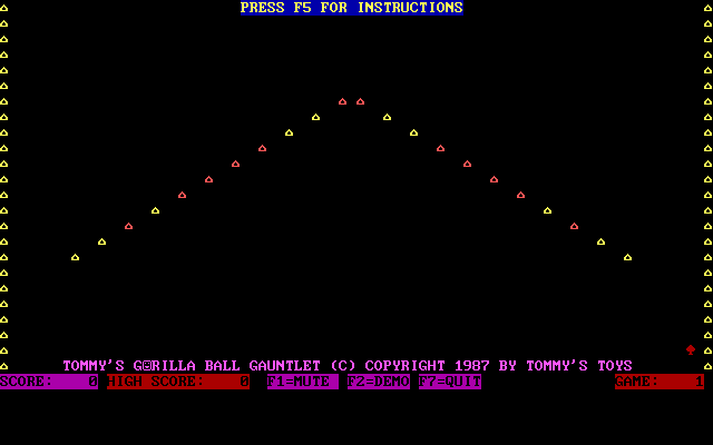 Tommy's Gorilla Ball Gauntlet (DOS) screenshot: The start of the game. The triangles are 'bumpers' that can be destroyed by shooting them