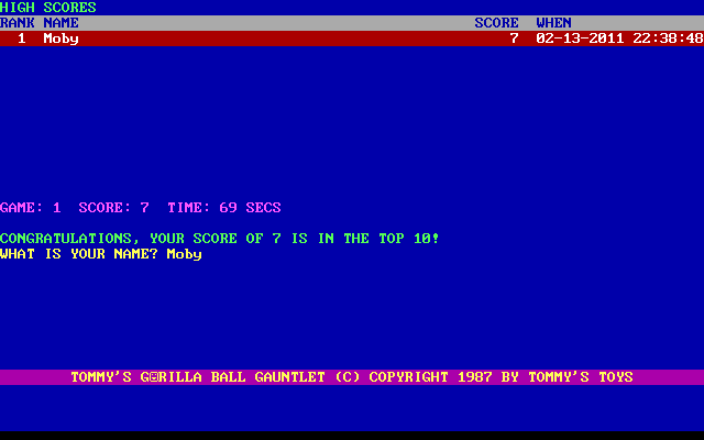 Screenshot of Tommy's Gorilla Ball Gauntlet (DOS, 1987) - MobyGames