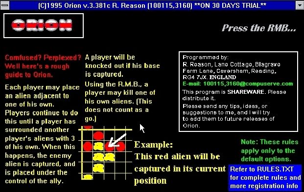 Orion (Windows 3.x) screenshot: The shareware reminder screen plus mini tutorial.<br>There's a '?' button on the game screen, clicking it redisplays this information