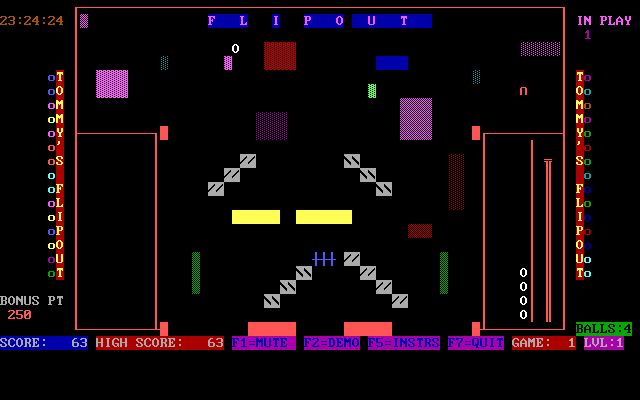 Tommy's Flipout (DOS) screenshot: The white '0' at the top of the screen just left of centre is the ball in play. Bonus points are scored for each block knocked out of the FLIPOUT title banner