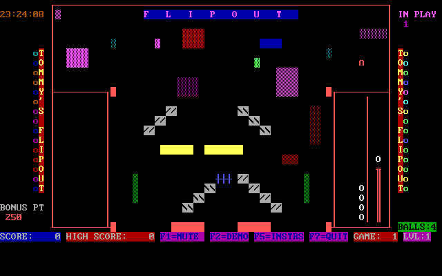 Tommy's Flipout (DOS) screenshot: The game commences. The grey diagonal step like things are the flippers. All the flippers move together.