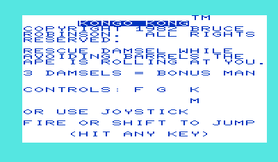 Kongo Kong (VIC-20) screenshot: Title screen.