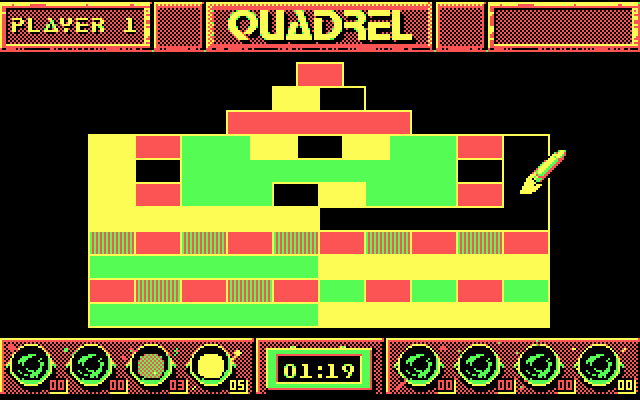 Quadrel (DOS) screenshot: Gameplay, fill in the shapes (CGA)