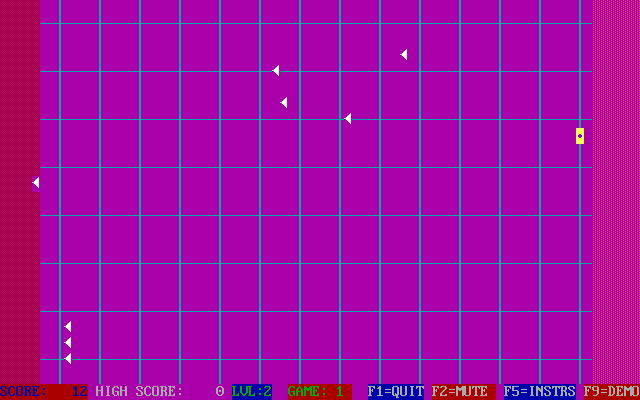 Tommy's Enet (DOS) screenshot: One has reached the leftmost edge, this means the game is over. I was hoping to 'wrap around' from the right hand side and stop them but I was not fast enough