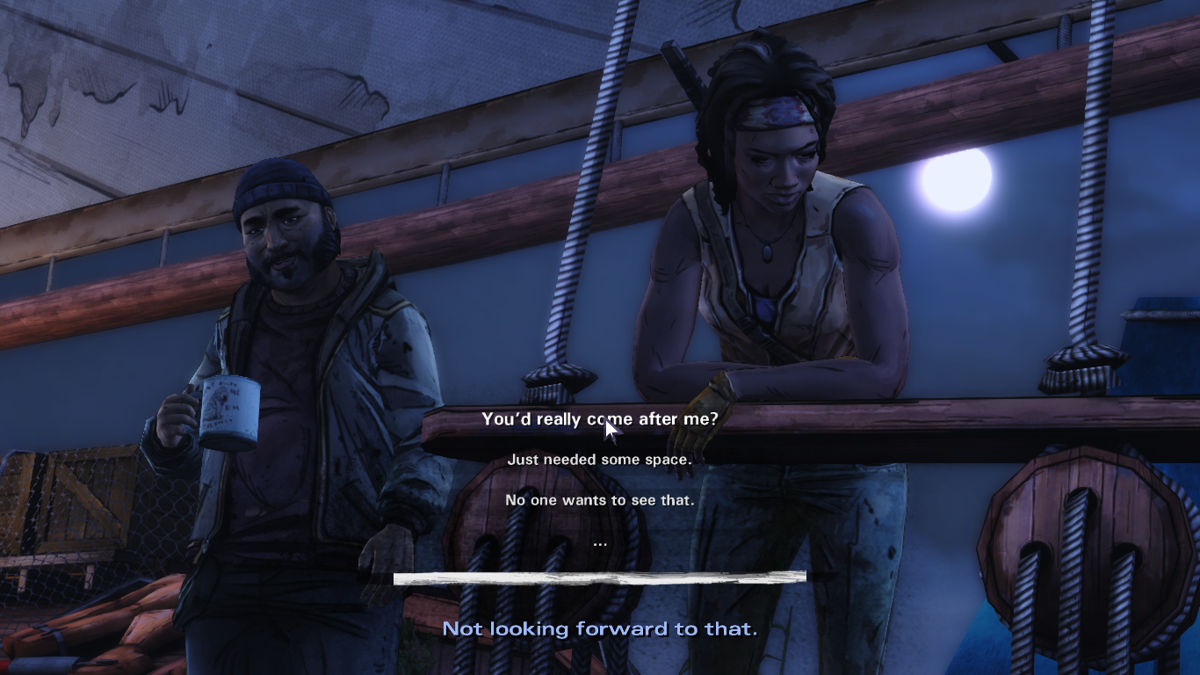 The Walking Dead: Michonne (Macintosh) screenshot: Episode 3 - Talking to one of your shipmates