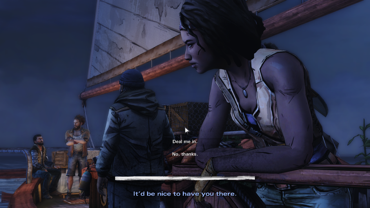 The Walking Dead: Michonne (Macintosh) screenshot: Episode 3 - Joining in on the game of cards