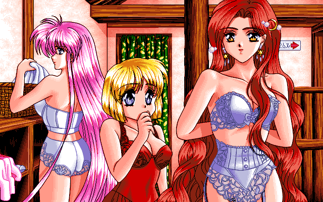 Rouge no Densetsu - Legend of Rouge (PC-98) screenshot: Rouge, Parfait, and Sem are preparing to take a bath together... and they will!