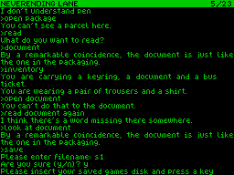 Jinxter (ZX Spectrum) screenshot: It took me ages to realize that the document referred a real document that's included in the game's packaging. Games can be saved to disk to be continued later
