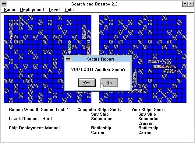 Search and Destroy (Windows 16-bit) screenshot: Game Over