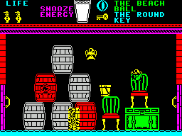 Pyjamarama (ZX Spectrum) screenshot: Barrels can be jumped on