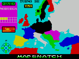 Mapsnatch (ZX Spectrum) screenshot: The player is moving armies into Norway where there are currently three armies, as shown by the three yellow squares in the grid on the left