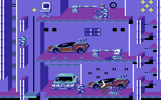 Impossible Mission II (Commodore 64) screenshot: Elvin may be a psychotic madman, but he has a cool taste in cars.