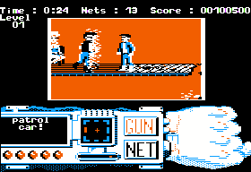 Techno Cop (Apple II) screenshot: I killed him, but the lady in the background just does not care. Why would she, there are a lot of blokes who look the same!