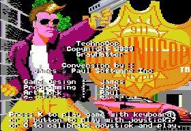 Techno Cop (Apple II) screenshot: The Title screen with an impostor cop and conversion credits scrolling over him