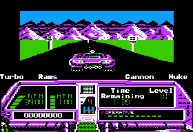 Techno Cop (Apple II) screenshot: Those roadsigns also look like they are from Test Drive... Hey wait, I am driving a pink police car!