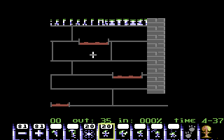 Lemmings (Commodore 64) screenshot: A bunch of lemmings and lava pits below... This could be trouble.