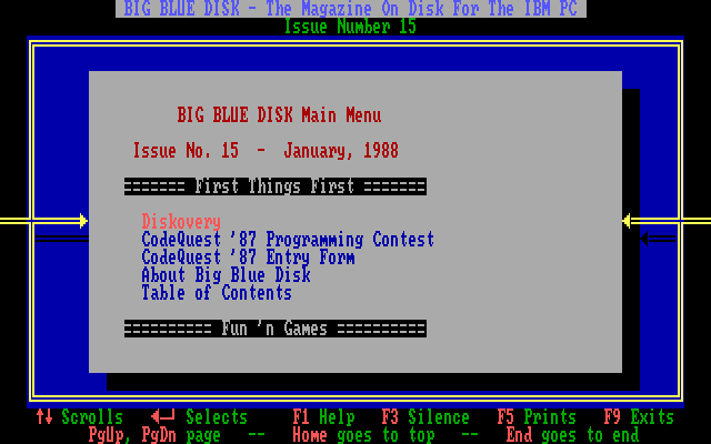 Big Blue Disk #15 (DOS) screenshot: The top of the menu
